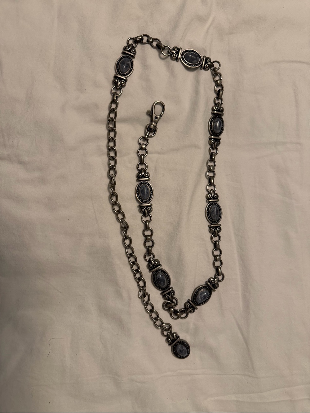 Silver-Tone Chain Belt with Navy Oval Accents - Women Accessories